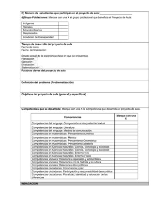 C) Número de estudiantes que participan en el proyecto de aula:_______________________
d)Grupo Poblaciones: Marque con una X el grupo poblacional que beneficia el Proyecto de Aula:
Indígenas
Raizales
Afrocolombianos
Desplazados
Condición de Discapacidad
,.,.
Tiempo de desarrollo del proyecto de aula
Fecha de inicio:
Fecha de finalización:
Estado actual de la experiencia (fase en que se encuentra):
Planeación
Ejecución
Evaluación
Sistematización
Palabras claves del proyecto de aula
Definición del problema (Problematización)
Objetivos del proyecto de aula (general y específicos)
Competencias que se desarrolla: Marque con una X la Competencia que desarrolla el proyecto de aula.
Competencias
Marque con una
X
Competencias del lenguaje: Comprensión e interpretación textual
Competencias del lenguaje: Literatura
Competencias del lenguaje: Medios de comunicación.
Competencias en matemáticas: Pensamiento numérico
Competencias en matemáticas: Métrico
Competencias en matemáticas: Pensamiento Geométrico
Competencias en matemáticas: Pensamiento aleatorio
Competencias en Ciencias Naturales: Ciencia, tecnología y sociedad
Competencias en Ciencias Naturales: Ciencia, tecnología y sociedad
Competencias en Ciencias Naturales: Entorno vivo
Competencias en Ciencias Naturales: Entorno Físico
Competencias sociales: Relaciones espaciales y ambientales
Competencias sociales: Relaciones con la historia y la cultura
Competencias sociales: Relaciones ético políticas
Competencias ciudadanas: Convivencia y paz
Competencias ciudadanas: Participación y responsabilidad democrática
Competencias ciudadanas: Pluralidad, identidad y valoración de las
diferencias
INDAGACION
 