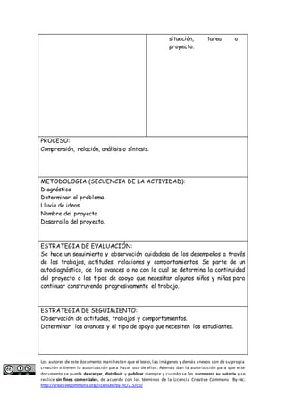 situación, tarea o 
proyecto. 
PROCESO: 
Comprensión, relación, análisis o síntesis. 
METODOLOGIA (SECUENCIA DE LA ACTIVIDAD): 
Diagnóstico 
Determinar el problema 
Lluvia de ideas 
Nombre del proyecto 
Desarrollo del proyecto. 
ESTRATEGIA DE EVALUACIÓN: 
Se hace un seguimiento y observación cuidadosa de los desempeños a través 
de los trabajos, actitudes, relaciones y comportamientos. Se parte de un 
autodiagnóstico, de los avances o no con lo cual se determina la continuidad 
del proyecto o los tipos de apoyo que necesitan algunos niños y niñas para 
continuar construyendo progresivamente el trabajo. 
ESTRATEGIA DE SEGUIMIENTO: 
Observación de actitudes, trabajos y comportamientos. 
Determinar los avances y el tipo de apoyo que necesiten los estudiantes. 
Los autores de este documento manifiestan que el texto, las imágenes y demás anexos son de su propia 
creación o tienen la autorización para hacer uso de ellos. Además dan la autorización para que este 
documento se pueda descargar, distribuir y publicar siempre y cuando se les reconozca su autoría y se 
realice sin fines comerciales, de acuerdo con los términos de la Licencia Creative Commons By-Nc: 
http://creativecommons.org/licenses/by-nc/2.5/co/ 
 