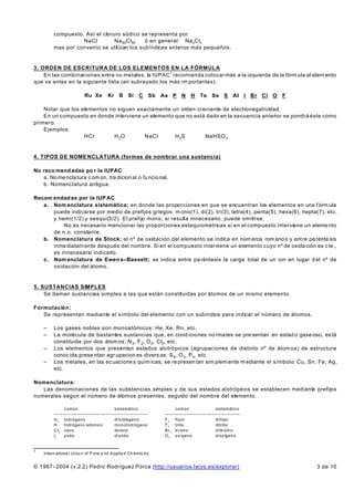 compuesto. Así el cloruro sódico se representa por
                   NaCl         Na 50Cl50   ó en general Na xClx
         mas por convenio se utilizan los subíndices enteros más pequeños.


3. ORDEN DE ESCRITURA DE LOS ELEMENTOS EN LA FÓRMULA
    En las combinaciones entre no metales, la IUPAC 1 recomienda colocar más a la izquierda de la fórm ula al elem ento
que va antes en la siguiente lista (en subrayado los más im portantes):

                          Ru Xe        Kr B Si           C    Sb As P N   H   Te Se S    At I Br Cl O   F

    Notar que los elementos no siguen exactamente un orden creciente de electronegatividad.
    En un compuesto en donde interviene un elemento que no está dado en la secuencia anterior se pondrá éste como
primero.
    Ejemplos:
                   HCl        H 2O       NaCl       H 2S       NaHSO 4


4. TIPOS DE NOME NCLATURA (formas de nombrar una sustancia)

No reco mend adas po r la IUPAC
   a. No me ncla tura c om ún, tra dicion al o fu ncio nal.
   b. Nomenclatura antigua.

Recom endad as por la IUP AC
   a. Nom enclatura sistemática; en donde las proporciones en que se encuentran los elementos en una f órm ula
      puede indicarse por medio de prefijos griegos: m ono(1), di(2), tri(3), tetra(4), penta(5), hexa(6), hepta(7), etc.
      y hemi(1/2) y sesqui(3/2). El prefijo mono, si resulta innecesario, puede omitirse.
          No es necesario mencionar las proporciones estequiométricas si en el compuesto interviene un eleme nto
      de n.o. constante.
   b. Nomenclatura de Stock; el nº de oxidación del elemento se indica en núm eros rom ano s y ent re pa rénte sis
      inme diatam ente después del nombre. Si en el compuesto interviene un elemento cuyo nº de oxida ción es c te.,
      es innecesario indicarlo.
   c. Nom enclatura de Ewen s–Bassett; se indica entre pa réntesis la carga total de un ion en lugar d el nº de
      oxidación del átomo.


5. SUSTANCIAS SIMPLES
    Se llaman sustancias simples a las que están constituidas por átomos de un mismo elemento.

Formulación:
   Se representan mediante el símbolo del elemento con un subíndice para indicar el número de átomos.

    –    Los gases nobles son monoatómicos: He, Xe, Rn, etc.
    –    La molécula de bastantes sustancias que, en cond icio nes no rma les se pre sentan en estad o gase oso, es tá
         constituida por dos átom os: N 2, F 2, O 2, Cl2, etc.
    –    Los elementos que presentan estados alotrópicos (agrupaciones de distinto nº de átom os) de estructura
         conoc ida prese ntan agr upacion es divers as: S 8, O 3, P 4, etc.
    –    Los metales, en las ec uacione s quím icas, se re presen tan sim plem ente m ediante el símbolo: Cu, Sn, Fe, Ag,
         etc.

Nomenclatura:
   Las denominaciones de las substancias simples y de sus estados alotrópicos se establecen mediante prefijos
numerales según el número de átomos presentes, seguido del nombre del elemento.

               común             sistemático                           común    sistemático
         ————————————————————                                     ————————————————
         H 2 hidrógeno           dihidrógeno                      F 2 flúor     diflúor
         H     hidrógeno atómico monohidrógeno                    T 2 tritio    ditritio
         C l 2 cloro             dicloro                          Br 2 b r om o d i br o m o
         I2    yodo              diyodo                           O 2 oxígeno   dioxígeno


1
    Intern ationa l Unio n of P ure a nd A pplie d Ch emis try.


© 1987–2004 (v.2.2) Pedro Rodríguez Porca (http://usuarios.lycos.es/explorar)                                    3 de 10
 