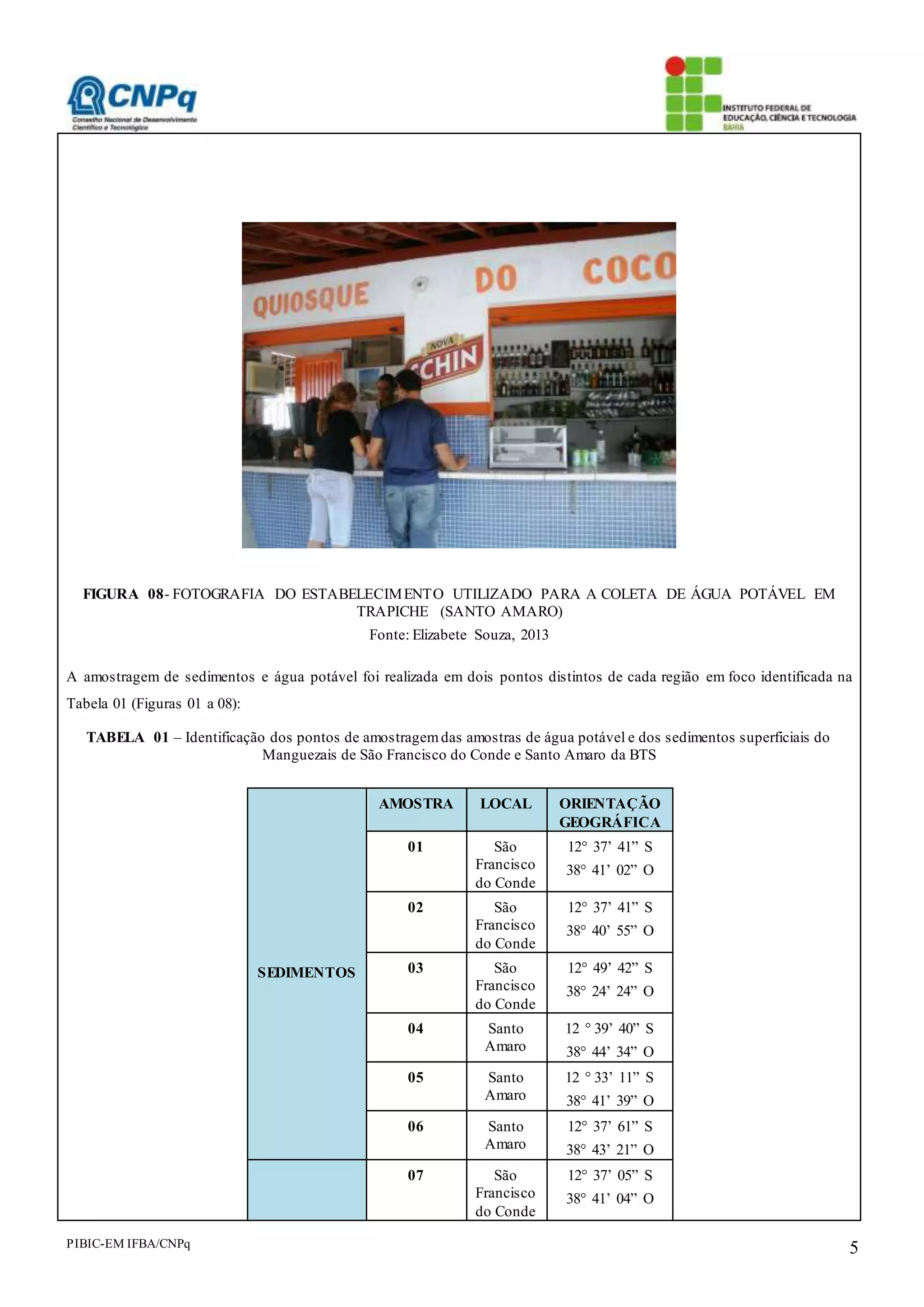 PIBIC-EM IFBA/CNPq 5
FIGURA 08- FOTOGRAFIA DO ESTABELECIMENTO UTILIZADO PARA A COLETA DE ÁGUA POTÁVEL EM
TRAPICHE (SANTO AMARO)
Fonte: Elizabete Souza, 2013
A amostragem de sedimentos e água potável foi realizada em dois pontos distintos de cada região em foco identificada na
Tabela 01 (Figuras 01 a 08):
TABELA 01 – Identificação dos pontos de amostragemdas amostras de água potável e dos sedimentos superficiais do
Manguezais de São Francisco do Conde e Santo Amaro da BTS
SEDIMENTOS
AMOSTRA LOCAL ORIENTAÇÃO
GEOGRÁFICA
01 São
Francisco
do Conde
12° 37’ 41” S
38° 41’ 02” O
02 São
Francisco
do Conde
12° 37’ 41” S
38° 40’ 55” O
03 São
Francisco
do Conde
12° 49’ 42” S
38° 24’ 24” O
04 Santo
Amaro
12 ° 39’ 40” S
38° 44’ 34” O
05 Santo
Amaro
12 ° 33’ 11” S
38° 41’ 39” O
06 Santo
Amaro
12° 37’ 61” S
38° 43’ 21” O
07 São
Francisco
do Conde
12° 37’ 05” S
38° 41’ 04” O
 