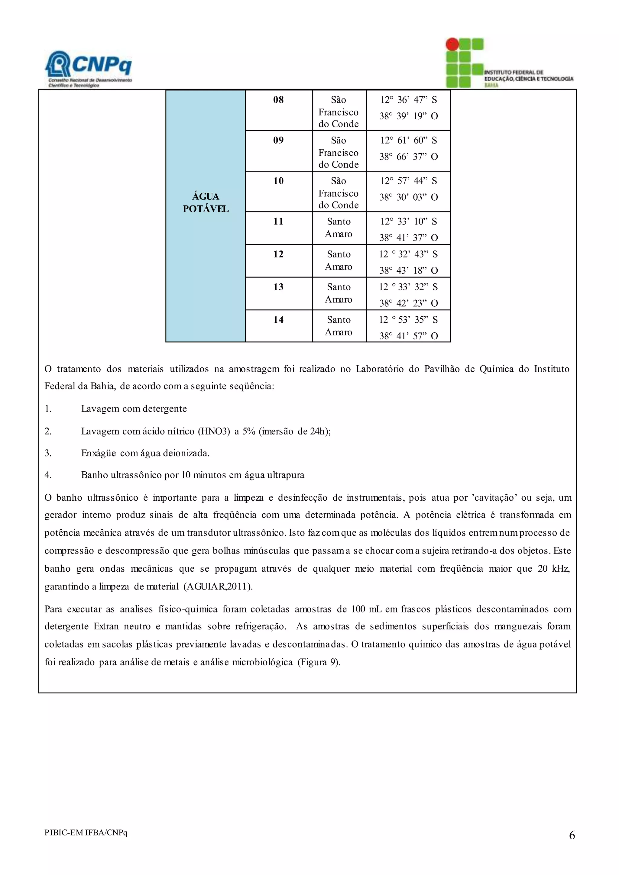 PIBIC-EM IFBA/CNPq 6
ÁGUA
POTÁVEL
08 São
Francisco
do Conde
12° 36’ 47” S
38° 39’ 19” O
09 São
Francisco
do Conde
12° 61’ 60” S
38° 66’ 37” O
10 São
Francisco
do Conde
12° 57’ 44” S
38° 30’ 03” O
11 Santo
Amaro
12° 33’ 10” S
38° 41’ 37” O
12 Santo
Amaro
12 ° 32’ 43” S
38° 43’ 18” O
13 Santo
Amaro
12 ° 33’ 32” S
38° 42’ 23” O
14 Santo
Amaro
12 ° 53’ 35” S
38° 41’ 57” O
O tratamento dos materiais utilizados na amostragem foi realizado no Laboratório do Pavilhão de Química do Instituto
Federal da Bahia, de acordo com a seguinte seqüência:
1. Lavagem com detergente
2. Lavagem com ácido nítrico (HNO3) a 5% (imersão de 24h);
3. Enxágüe com água deionizada.
4. Banho ultrassônico por 10 minutos em água ultrapura
O banho ultrassônico é importante para a limpeza e desinfecção de instrumentais, pois atua por ’cavitação’ ou seja, um
gerador interno produz sinais de alta freqüência com uma determinada potência. A potência elétrica é transformada em
potência mecânica através de um transdutor ultrassônico. Isto faz comque as moléculas dos líquidos entremnumprocesso de
compressão e descompressão que gera bolhas minúsculas que passama se chocar coma sujeira retirando-a dos objetos. Este
banho gera ondas mecânicas que se propagam através de qualquer meio material com freqüência maior que 20 kHz,
garantindo a limpeza de material (AGUIAR,2011).
Para executar as analises físico-química foram coletadas amostras de 100 mL em frascos plásticos descontaminados com
detergente Extran neutro e mantidas sobre refrigeração. As amostras de sedimentos superficiais dos manguezais foram
coletadas em sacolas plásticas previamente lavadas e descontaminadas. O tratamento químico das amostras de água potável
foi realizado para análise de metais e análise microbiológica (Figura 9).
 