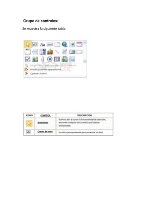 Grupo de controles:
Se muestra la siguiente tabla
 