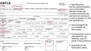  Identificando
pontos desnecessários
que confundem,
tomam tempo do
usuário e resultam em
demora em alcançar
o que se espera ou até
em desistência;
 Desvantagem do
uso múltiplo do
formulário;
 Comparação com o
atendimento via
telefone, que só
pede 3 documentos;
 Importância do
formulário online.
 