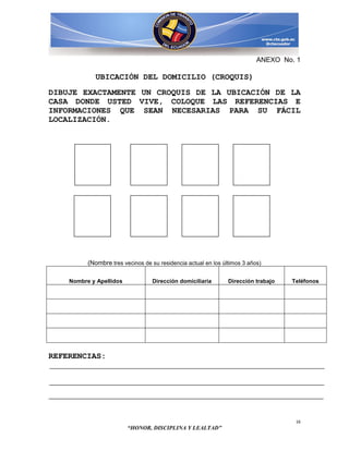 ANEXO No. 1

            UBICACIÓN DEL DOMICILIO (CROQUIS)
DIBUJE EXACTAMENTE UN CROQUIS DE LA UBICACIÓN DE LA
CASA DONDE USTED VIVE, COLOQUE LAS REFERENCIAS E
INFORMACIONES QUE SEAN NECESARIAS PARA SU FÁCIL
LOCALIZACIÓN.




          (Nombre tres vecinos de su residencia actual en los últimos 3 años)

    Nombre y Apellidos            Dirección domiciliaria        Dirección trabajo   Teléfonos




REFERENCIAS:




                                                                                     16
                         “HONOR, DISCIPLINA Y LEALTAD”
 