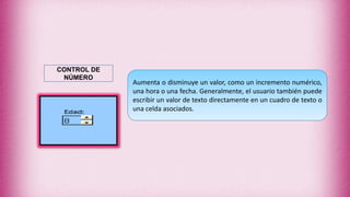 Aumenta o disminuye un valor, como un incremento numérico,
una hora o una fecha. Generalmente, el usuario también puede
escribir un valor de texto directamente en un cuadro de texto o
una celda asociados.
CONTROL DE
NÚMERO
 