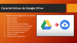 Características de Google Drive
• El botón azul de Google Drive nos permite:
1. Crear carpetas
2. Subir archivos
3. Subir carpetas
4. Crear un documento de Google
5. Crear una hoja de cálculo de Google
6. Crear una presentación de Google
7. Crear un formulario de Google
8. Crear un Google My Maps
9. Añadir My Sites
10. Interconectar aplicaciones
 