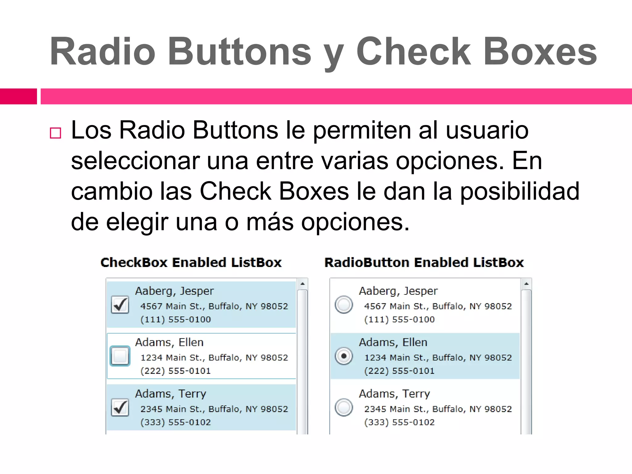 Radio Buttons y Check Boxes
   Los Radio Buttons le permiten al usuario
    seleccionar una entre varias opciones. En
    cambio las Check Boxes le dan la posibilidad
    de elegir una o más opciones.
 