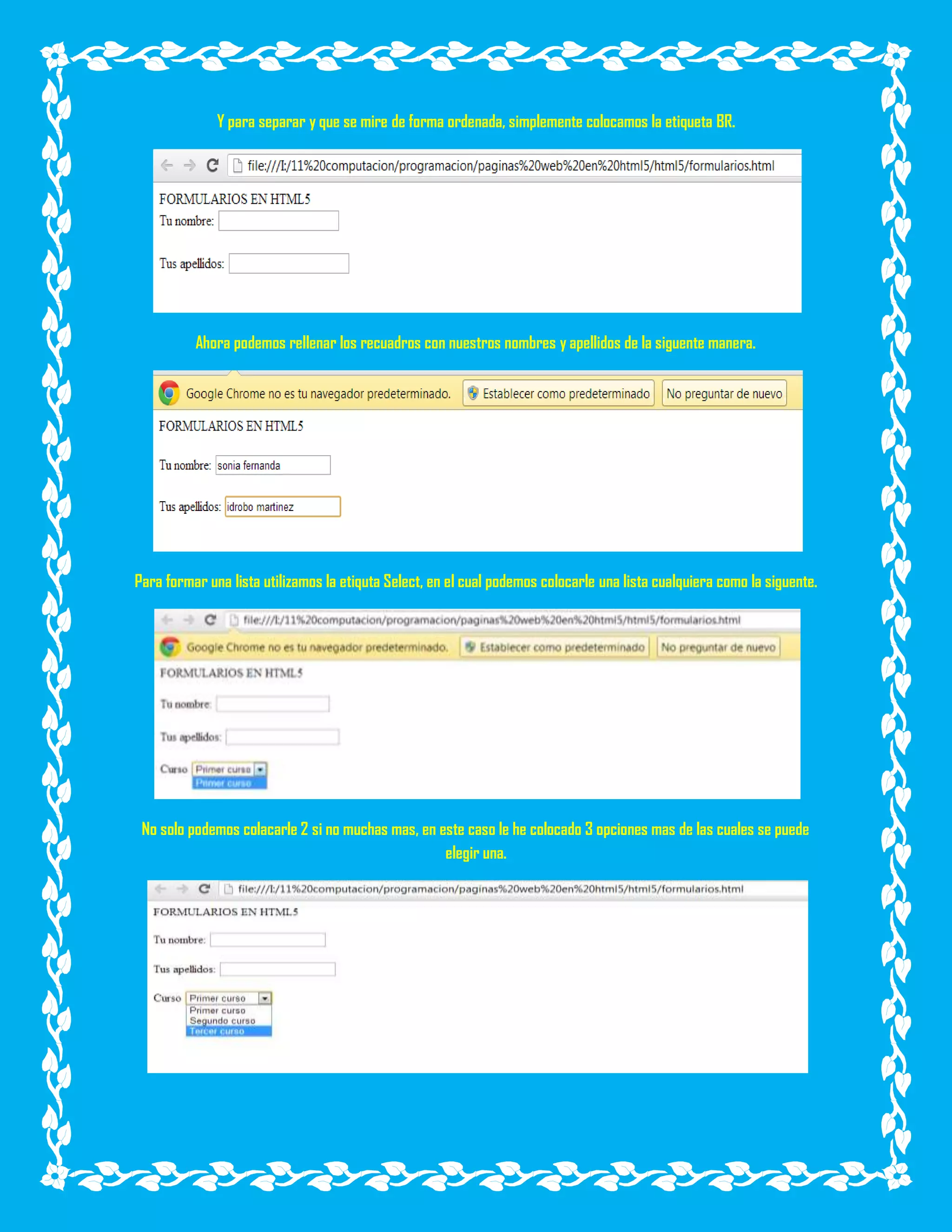 Y para separar y que se mire de forma ordenada, simplemente colocamos la etiqueta BR.
Ahora podemos rellenar los recuadros con nuestros nombres y apellidos de la siguente manera.
Para formar una lista utilizamos la etiquta Select, en el cual podemos colocarle una lista cualquiera como la siguente.
No solo podemos colacarle 2 si no muchas mas, en este caso le he colocado 3 opciones mas de las cuales se puede
elegir una.
 
