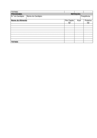 TOTAIS:
PROGRAMA:                                    REFEIÇÃO:
N.º do Cardápio:   Nome do Cardápio:                       Freqüência:

Nome do Alimento                       Per Capita   Kcal       Proteína
                                           (g)                   (g)




TOTAIS:
 