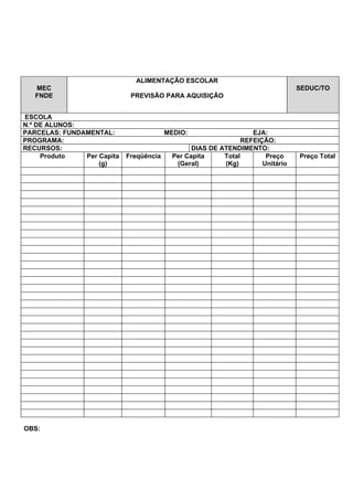 ALIMENTAÇÃO ESCOLAR
   MEC                                                                          SEDUC/TO
   FNDE                      PREVISÃO PARA AQUISIÇÃO


ESCOLA
N.º DE ALUNOS:
PARCELAS: FUNDAMENTAL:                   MEDIO:                   EJA:
PROGRAMA:                                                      REFEIÇÃO:
RECURSOS:                                        DIAS DE ATENDIMENTO:
     Produto   Per Capita   Freqüência     Per Capita     Total       Preço     Preço Total
                   (g)                      (Geral)       (Kg)       Unitário




OBS:
 