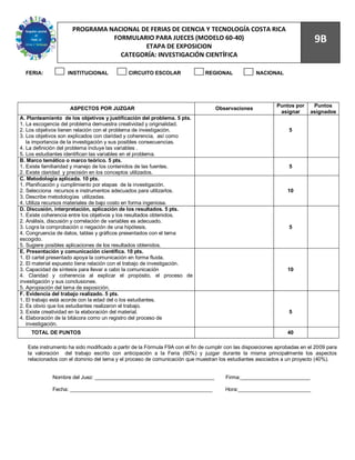 85
                      PROGRAMA NACIONAL DE FERIAS DE CIENCIA Y TECNOLOGÍA COSTA RICA
                                FORMULARIO PARA JUECES (MODELO 60-40)                                                        9B
                                         ETAPA DE EXPOSICION
                                  CATEGORÍA: INVESTIGACIÓN CIENTÍFICA

  FERIA:            INSTITUCIONAL             CIRCUITO ESCOLAR                REGIONAL              NACIONAL




                                                                                                             Puntos por     Puntos
                     ASPECTOS POR JUZGAR                                           Observaciones
                                                                                                              asignar      asignados
A. Planteamiento de los objetivos y justificación del problema. 5 pts.
1. La escogencia del problema demuestra creatividad y originalidad.
2. Los objetivos tienen relación con el problema de investigación.                                                5
3. Los objetivos son explicados con claridad y coherencia, así como
   la importancia de la investigación y sus posibles consecuencias.
4. La definición del problema incluye las variables .
5. Los estudiantes identifican las variables en el problema.
B. Marco temático o marco teórico. 5 pts.
1. Existe familiaridad y manejo de los contenidos de las fuentes.                                                 5
2. Existe claridad y precisión en los conceptos utilizados.
C. Metodología aplicada. 10 pts.
1. Planificación y cumplimiento por etapas de la investigación.
2. Selecciona recursos e instrumentos adecuados para utilizarlos.                                                10
3. Describe metodologías utilizadas.
4. Utiliza recursos materiales de bajo costo en forma ingeniosa.
D. Discusión, interpretación, aplicación de los resultados. 5 pts.
1. Existe coherencia entre los objetivos y los resultados obtenidos.
2. Análisis, discusión y correlación de variables es adecuado.
3. Logra la comprobación o negación de una hipótesis.                                                             5
4. Congruencia de datos, tablas y gráficos presentados con el tema
escogido.
5. Sugiere posibles aplicaciones de los resultados obtenidos.
E. Presentación y comunicación científica. 10 pts.
1. El cartel presentado apoya la comunicación en forma fluida.
2. El material expuesto tiene relación con el trabajo de investigación.
3. Capacidad de síntesis para llevar a cabo la comunicación                                                      10
4. Claridad y coherencia al explicar el propósito, el proceso de
investigación y sus conclusiones.
5. Apropiación del tema de exposición.
F. Evidencia del trabajo realizado. 5 pts.
1. El trabajo está acorde con la edad del o los estudiantes.
2. Es obvio que los estudiantes realizaron el trabajo.
3. Existe creatividad en la elaboración del material.                                                             5
4. Elaboración de la bitácora como un registro del proceso de
   investigación.
    TOTAL DE PUNTOS                                                                                              40

   Este instrumento ha sido modificado a partir de la Fórmula F9A con el fin de cumplir con las disposiciones aprobadas en el 2009 para
   la valoración del trabajo escrito con anticipación a la Feria (60%) y juzgar durante la misma principalmente los aspectos
   relacionados con el dominio del tema y el proceso de comunicación que muestran los estudiantes asociados a un proyecto (40%).


             Nombre del Juez: _________________________________________                Firma:________________________

             Fecha: _________________________________________________                  Hora:_________________________
 