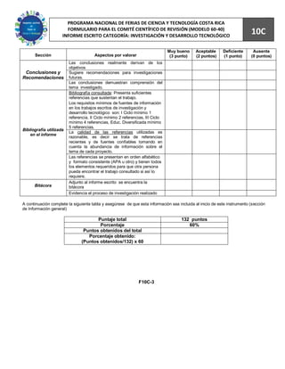 92
                       PROGRAMA NACIONAL DE FERIAS DE CIENCIA Y TECNOLOGÍA COSTA RICA
                       FORMULARIO PARA EL COMITÉ CIENTÍFICO DE REVISIÓN (MODELO 60-40)
                     INFORME ESCRITO CATEGORÍA: INVESTIGACIÓN Y DESARROLLO TECNOLÓGICO
                                                                                                                          10C
                                                                                Muy bueno    Aceptable     Deficiente      Ausente
      Sección                          Aspectos por valorar                      (3 punto)   (2 puntos)    (1 punto)      (0 puntos)
                         Las conclusiones realmente derivan de los
                         objetivos
 Conclusiones y          Sugiere recomendaciones para investigaciones
Recomendaciones          futuras.
                         Las conclusiones demuestran comprensión del
                         tema investigado.
                         Bibliografía consultada: Presenta suficientes
                         referencias que sustentan el trabajo.
                         Los requisitos mínimos de fuentes de información
                         en los trabajos escritos de investigación y
                         desarrollo tecnológico son: I Ciclo mínimo 1
                         referencia, II Ciclo mínimo 2 referencias, III Ciclo
                         mínimo 4 referencias, Educ. Diversificada mínimo
                         5 referencias.
Bibliografía utilizada
                         La calidad de las referencias utilizadas es
    en el informe
                         razonable, es decir se trata de referencias
                         recientes y de fuentes confiables tomando en
                         cuenta la abundancia de información sobre el
                         tema de cada proyecto.
                         Las referencias se presentan en orden alfabético
                         y formato consistente (APA u otro) y tienen todos
                         los elementos requeridos para que otra persona
                         pueda encontrar el trabajo consultado si así lo
                         requiere.
                         Adjunto al informe escrito se encuentra la
      Bitácora           bitácora
                         Evidencia el proceso de investigación realizado

A continuación complete la siguiente tabla y asegúrese de que esta información sea incluida al inicio de este instrumento (sección
de Información general)

                                       Puntaje total                                  132 puntos
                                        Porcentaje                                       60%
                                 Puntos obtenidos del total
                                   Porcentaje obtenido:
                                (Puntos obtenidos/132) x 60




                                                               F10C-3
 