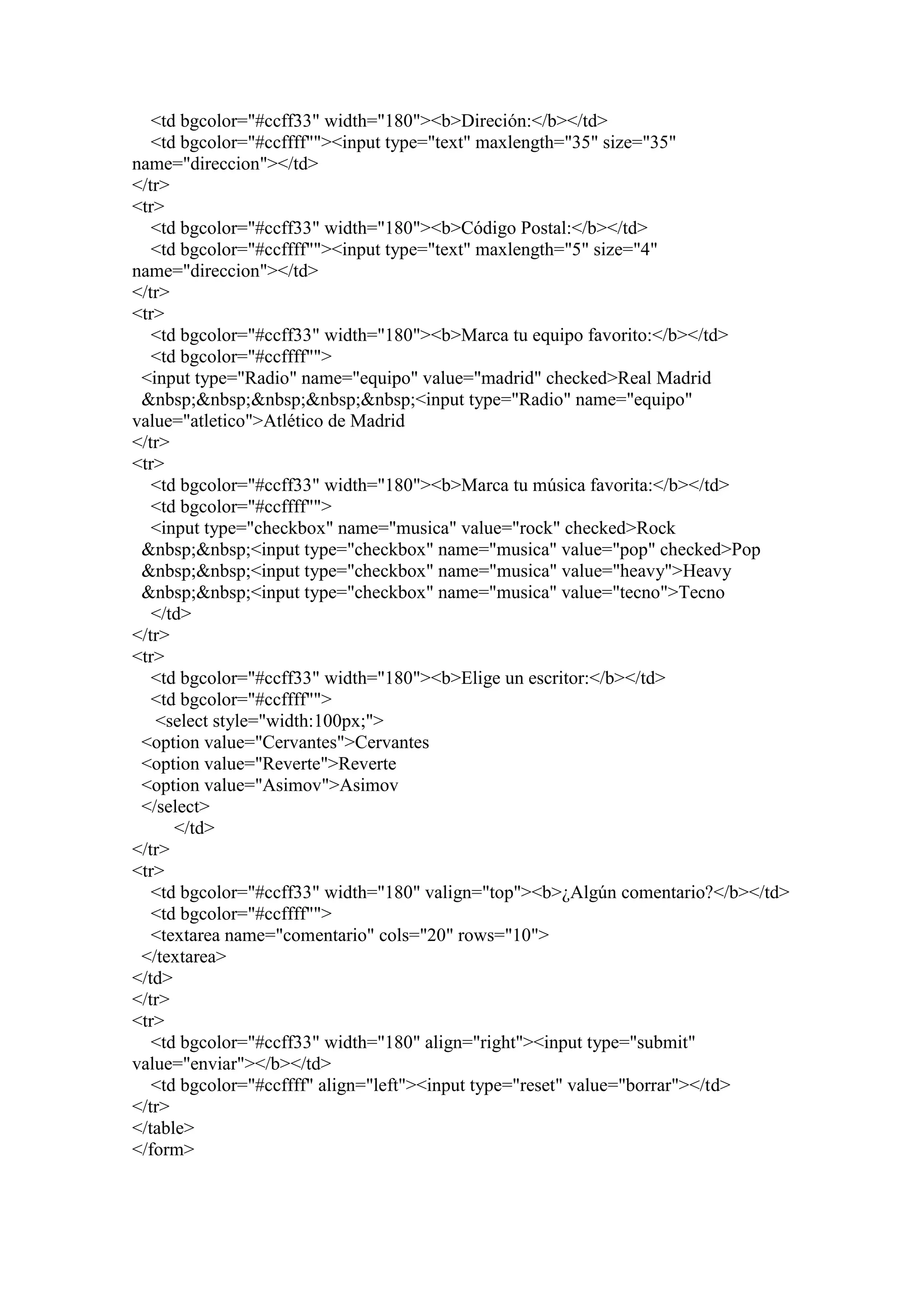 <td bgcolor="#ccff33" width="180"><b>Direción:</b></td>
<td bgcolor="#ccffff""><input type="text" maxlength="35" size="35"
name="direccion"></td>
</tr>
<tr>
<td bgcolor="#ccff33" width="180"><b>Código Postal:</b></td>
<td bgcolor="#ccffff""><input type="text" maxlength="5" size="4"
name="direccion"></td>
</tr>
<tr>
<td bgcolor="#ccff33" width="180"><b>Marca tu equipo favorito:</b></td>
<td bgcolor="#ccffff"">
<input type="Radio" name="equipo" value="madrid" checked>Real Madrid
&nbsp;&nbsp;&nbsp;&nbsp;&nbsp;<input type="Radio" name="equipo"
value="atletico">Atlético de Madrid
</tr>
<tr>
<td bgcolor="#ccff33" width="180"><b>Marca tu música favorita:</b></td>
<td bgcolor="#ccffff"">
<input type="checkbox" name="musica" value="rock" checked>Rock
&nbsp;&nbsp;<input type="checkbox" name="musica" value="pop" checked>Pop
&nbsp;&nbsp;<input type="checkbox" name="musica" value="heavy">Heavy
&nbsp;&nbsp;<input type="checkbox" name="musica" value="tecno">Tecno
</td>
</tr>
<tr>
<td bgcolor="#ccff33" width="180"><b>Elige un escritor:</b></td>
<td bgcolor="#ccffff"">
<select style="width:100px;">
<option value="Cervantes">Cervantes
<option value="Reverte">Reverte
<option value="Asimov">Asimov
</select>
</td>
</tr>
<tr>
<td bgcolor="#ccff33" width="180" valign="top"><b>¿Algún comentario?</b></td>
<td bgcolor="#ccffff"">
<textarea name="comentario" cols="20" rows="10">
</textarea>
</td>
</tr>
<tr>
<td bgcolor="#ccff33" width="180" align="right"><input type="submit"
value="enviar"></b></td>
<td bgcolor="#ccffff" align="left"><input type="reset" value="borrar"></td>
</tr>
</table>
</form>

 