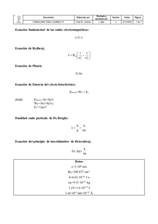 Documento Elaborado por 
Revisado y 
aprobado por 
Versión Fecha Página 
FORMULARIO TEMA 2 QUÍMICA 12º Víctor M. Jiménez J. Dpto. 2 07/10/2014 1 de 1 
Ecuación fundamental de las ondas electromagnéticas: 
c=· 
Ecuación de Rydberg: 
 
  
 
 
  
1 
  2 
H n 
 
2 
2 
1 
1 
n 
ν R 
Ecuación de Planck: 
E=h 
Ecuación de Einstein del efecto fotoeléctrico: 
Efotón=W0 + Ec 
donde Efotón= h=hc/ 
W0= h0=hc/0 
Ec=½mev2 
Dualidad onda partícula de De Broglie: 
h 
mv 
h 
λ   
p 
Ecuación del principio de incertidumbre de Heisenberg: 
h 
4π 
Δx·Δp 
Datos 
c=3·108 m/s 
RH=109 677 cm-1 
h=6.62·10-34 J·s 
me=9.11·10-31 kg 
1 eV=1.6·10-19 J 
1 m=10-9 nm=10-10 Å 
