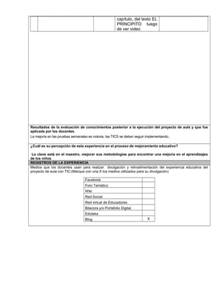 capítulo, del texto EL
PRINCIPITO luego
de ver video
Resultados de la evaluación de conocimientos posterior a la ejecución del proyecto de aula y que fue
aplicada por los docentes.
La mejoría en las pruebas semanales es notoria, las TICS se deben seguir implementando..
¿Cuál es su percepción de esta experiencia en el proceso de mejoramiento educativo?
La clave está en el maestro, mejorar sus metodologías para encontrar una mejoría en el aprendizajes
de los niños
REGISTROS DE LA EXPERIENCIA
Medios que los docentes usan para realizar divulgación y retroalimentación del experiencia educativa del
proyecto de aula con TIC:(Marque con una X los medios utilizados para su divulgación)
Facebook
Foro Temático
Wiki
Red Social
Red virtual de Educadores
Bitacora y/o Portafolio Digital
Eduteka
Blog X
 