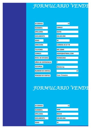FORMULARIO VENDED


Id CODIGO:                               14

NOMBRES:               CAMILO

APELLIDOS:             SEXTO

DOCUMENTO:             034.023.094

EDAD:                  30

DIRECCION:             CARRERA 45 67-78

TELEFONO:              849.32840

CORREO:                KSDHF@HOTMAIL.COM

NIVEL DE ESTUDIO:      TECNOLOGO

AÑOS DE EXPERIENCIA:   7

SUCURSAL:              Monterrey

NUMERO DE VENTAS                              37

PERIODO DE VENTAS:     Terer Trimestre




FORMULARIO VENDED


Id CODIGO:                               15

NOMBRES:               NINP

APELLIDOS:             BRAVO

DOCUMENTO:             930.493.094

EDAD:                  26

DIRECCION:             CALLE 68 56-56
 