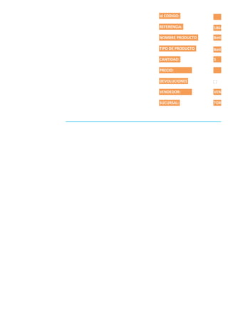 id CODIGO:

                         REFERENCIA:        186487

                         NOMBRE PRODUCTO    Botines

                         TIPO DE PRODUCTO   Botin

                         CANTIDAD:          5

                         PRECIO:                $3

                         DEVOLUCIONES

                         VENDEDOR:          VENDED

                         SUCURSAL:          TORREO



FORMULARIO VENDEDORES:
 