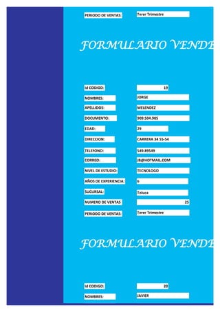 PERIODO DE VENTAS:     Terer Trimestre




FORMULARIO VENDED


Id CODIGO:                               19

NOMBRES:               JORGE

APELLIDOS:             MELENDEZ

DOCUMENTO:             909.504.905

EDAD:                  29

DIRECCION:             CARRERA 34 55-54

TELEFONO:              549.89549

CORREO:                JB@HOTMAIL.COM

NIVEL DE ESTUDIO:      TECNOLOGO

AÑOS DE EXPERIENCIA:   6

SUCURSAL:              Toluca

NUMERO DE VENTAS                              25

PERIODO DE VENTAS:     Terer Trimestre




FORMULARIO VENDED


Id CODIGO:                               20

NOMBRES:               JAVIER

APELLIDOS:             PEÑA
 