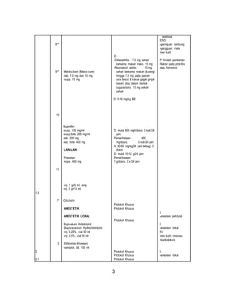 3 
1.3 
2 
2.1 
8** 
9** 
10 
11 
1* 
2 
Meloksikam (Melox icam) 
-tab. 7,5 mg dan 15 mg 
-supp. 15 mg 
Ibuprofen 
-susp. 100 mg/ml 
-susp.forte 200 mg/ml 
-tab. 200 mg 
-tab. forte 400 mg 
LAIN-LAIN 
Pirasetan 
-kaps. 400 mg 
-inj. 1 gr/5 ml. amp 
-inj. 3 gr/15 ml 
Citicholin 
ANESTETIK 
ANESTETIK LOKAL 
Bupivakain Hidroklorid 
(Bupivacainum Hydrochloridum) 
-inj. 0,25%, vial 50 ml 
-inj. 0,5%, vial 50 ml 
Etilklorida (Kloretan) 
-semprot, btl. 100 ml 
D: 
-Osteoartritis : 7,5 mg sehari 
bersama makan maks. 15 mg 
-Reumatoid artritis : 15 mg 
sehari bersama makan (kurangi 
hingga 7,5 mg pada pasien 
usia lanjut & kasus gagal ginjal 
besar) atau dalam bentuk 
suppositoria 15 mg sekali 
sehari 
D: 5-10 mg/kg BB 
D: mulai 800 mgh/dosis 3 kali/24 
jam 
Pemeliharaan : 400 
mg/dosis, 3 kali/24 jam 
A: 30-50 mg/kg/24 jam terbagi 3 
dosis 
D: mulai 10-12 g/24 jam 
Pemeliharaan: 
1 g/dosis, 3 x /24 jam 
Protokol Khusus 
Protokol Khusus 
Protokol Khusus 
Protokol Khusus 
Protokol Khusus 
Protokol Khusus 
asetosai 
ESO: 
-gannguan lambung 
-gangguan mata 
-lesi kulit 
P: hindari pemberian 
Rektal pada proktitis 
atau hemoroid 
I: 
-anestesi peridural 
I: 
-anestesi lokal 
KI: 
-lesi kulit / mukosa 
-kardiotoksik 
I: 
-anestesi lokal 
 