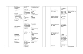 Parasetamol 
(Paracetamolum) 
-tab. 500 mg 
-sir. 120 mg/5 ml 
btl. 60 ml 
Kombinasi: 
Parasetamol + antialergi + 
ekspektorans 
-sir. 60 ml, tiap 5 ml : 
parasetamol 125 mg 
CTM 0,5 mg 
deksometorfan 7,5 mg 
Alopurinol (Allopurinolum) 
-tab. 100 mg 
Asam Asetilsalisilat 
(Asetosal) 
-tab. 100 mg 
Indometasina 
(Indometacinum) 
-kaps. 25 mg 
-sup. 100 mg 
Ketoprofen 
-tab. ent. 50 mg 
250-500 mg/24 
jam: I.v 
D: 500-1000 
mg/dosis 4-6 kali, 
maks. 4000 mg/24 
jam 
A: 10 mg/kg/dosis 
4-6 kali, maks. 500 
mg/dosis 
A: 
< 2 th: 2,5 ml, 3x 
sehari 
2-6 th: 5 ml, 6 x 
sehari > 6 th: 10 ml, 
3 x sehari 
D: 100 mg/dosis 
pada hari pertama 
p.r.n. ditingkatkan : 
100-250 mg/dosis 
3 kali/ 24 jam 
A: 10-20 
mg/kg/dosis 
A: 15-25 
mg/kg/dosis 4-6 
kali p.c 
D: 25 mg/dosis 
2-3 kali p.c 
p.r.n.: 50 mg/dosis 
2-3 kali p.c 
A: maks. 2 
mg/kg/dosis 
D: 100 mg/dosis 
1 kali/24 jam 
konsentrasi asam urat 
dlm plasma atau urine 
KI: 
-tukak lambung 
-gastroenteritis 
-hemofili 
ESO: 
-salisilisme 
-gangguan agregasi 
trombosit perdarahan 
ESO: 
-hipatotoksik 
-nefrotoksik 
-agranulotoksik 
KI: 
-tukak lambung 
-dispepsi kronis 
-asma 
ESO: 
-gannguan lambung 
-oedema 
KI: 
-tukak lambung 
ESO: 
-gannguan lambung 
-vertigo 
-lesi kulit 
KI: 
-tukak lambung 
-hipersensitif terhadap 
asetosai 
ESO: 
-gannguan lambung 
-gangguan mata 
-lesi kulit 
Natrium Diklofenak 
(Diclofenac Sodium) 
-tab.ent. 25 mg 
Piroksikam (Piroxicam) 
-kaps. 10 mg & 20 mg 
Probenesid (Pronecidum) 
-tab. 500 mg 
Meloksikam (Meloxicam) 
-tab. 7,5 mg dan 15 mg 
-supp. 15 mg 
Metamizole 
D: 50 mg/dosis, 3 
kali atau 
100 mg, 2-3 kali 
100 mg, 1-2 sup 
100 mg/1-2 kali, I.m. 
maks. 12 hari 
D: 25-50 mg, 2-3 
kali 
A: 1 th. 0,5-2 
mg/kg/hr dalam 
dosis terbagi 
D: 20 mg-40 mg, 
sekali atau terbagi 
bbrp kali 
D: 250-500 
mg/dosis 2 kali 
p.c. 
Minggu pertama : 
2 kali 250 mg/24 
jam p.r.n.:dinaikan 
2 kali 500 mg/24 
jam maks. 2000 
mg/24 jam dibagi 2- 
4 kali p.c. 
D: 
-Osteoartritis : 7,5 
mg sehari bersama 
makan maks. 15 
mg 
P: hindari pemberian 
Rektal pada proktitis atau 
hemoroid 
I: 
-anestesi peridural 
 