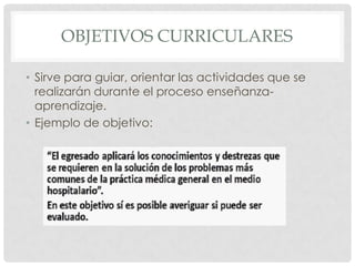 OBJETIVOS CURRICULARES

• Sirve para guiar, orientar las actividades que se
  realizarán durante el proceso enseñanza-
  aprendizaje.
• Ejemplo de objetivo:
 