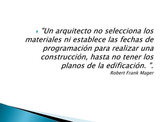  "Un arquitecto no selecciona los
materiales ni establece las fechas de
programación para realizar una
construcción, hasta no tener los
planos de la edificación. ".
Robert Frank Mager
 