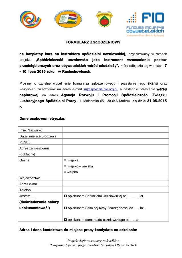 Formularz zgłoszeniowy kurs na instruktorów