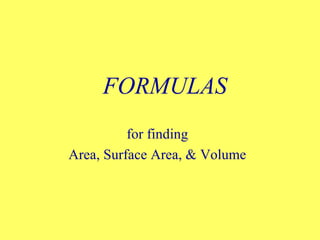 FORMULAS for finding Area, Surface Area, & Volume 