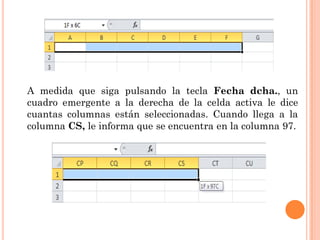 A medida que siga pulsando la tecla Fecha dcha., un
cuadro emergente a la derecha de la celda activa le dice
cuantas columnas están seleccionadas. Cuando llega a la
columna CS, le informa que se encuentra en la columna 97.
 