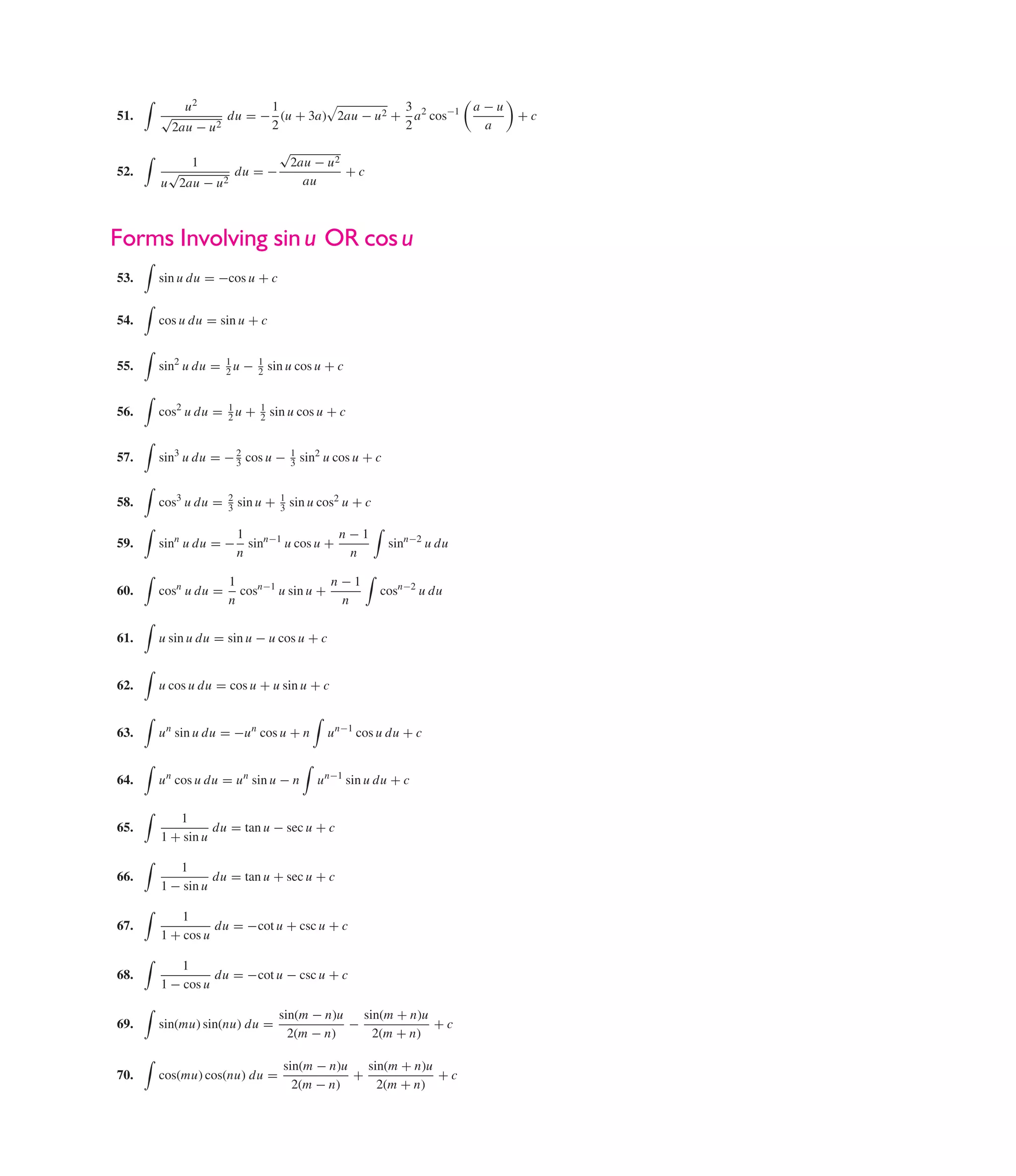 P1: FCH/FFX    P2: FCH/FFX         QC: FCH/FFX                  T1: FCH
GTBL001-back˙end     GTBL001-Smith-v16.cls                   October 17, 2005        20:2




                             u2              1                    3                           a−u
               51.     √               du = − (u + 3a) 2au − u 2 + a 2 cos−1                        +c
                           2au − u 2         2                    2                            a
                                                     √
                              1                          2au − u 2
               52.      √                  du = −                  +c
                       u 2au      − u2                     au



              Forms Involving sin u OR cos u
               53.     sin u du = −cos u + c


               54.     cos u du = sin u + c


               55.     sin2 u du = 1 u −
                                   2
                                              1
                                              2    sin u cos u + c


               56.     cos2 u du = 1 u +
                                   2
                                               1
                                               2   sin u cos u + c


               57.     sin3 u du = − 2 cos u −
                                     3
                                                         1
                                                         3   sin2 u cos u + c


               58.     cos3 u du =     2
                                       3   sin u +   1
                                                     3   sin u cos2 u + c

                                           1                  n−1
               59.     sinn u du = −         sinn−1 u cos u +                   sinn−2 u du
                                           n                   n

                                         1                  n−1
               60.     cosn u du =         cosn−1 u sin u +                 cosn−2 u du
                                         n                   n

               61.     u sin u du = sin u − u cos u + c


               62.     u cos u du = cos u + u sin u + c


               63.     u n sin u du = −u n cos u + n              u n−1 cos u du + c


               64.     u n cos u du = u n sin u − n             u n−1 sin u du + c

                          1
               65.               du = tan u − sec u + c
                       1 + sin u

                          1
               66.               du = tan u + sec u + c
                       1 − sin u

                           1
               67.               du = −cot u + csc u + c
                       1 + cos u

                           1
               68.               du = −cot u − csc u + c
                       1 − cos u

                                                     sin(m − n)u   sin(m + n)u
               69.     sin(mu) sin(nu) du =                      −             +c
                                                       2(m − n)      2(m + n)

                                                      sin(m − n)u   sin(m + n)u
               70.     cos(mu) cos(nu) du =                       +             +c
                                                        2(m − n)      2(m + n)




                                                                                                         7
 