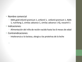 • Nombre comercial
• SMA gold infantil premium 1, enfamil 1, enfamil premium 1, NAN
1, nutrilong 1, similac advance 1, similac advance 1 IQ, novamil 1
• Indicaciones:
• Alimentación del niño de recién nacido hasta los 6 meses de edad
• Contraindicaciones:
• Intolerancia a la lactosa, alergia a las proteínas de la leche
•
 