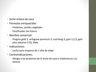 • leche entera de vaca
• Formulas enriquecidas
• Proteínas, aceites vegetales
• Fortificadas con hierro
• Nombre comercial:
• Progres gold 3, enfagrow premium 3, nutrilong 3, gain 1,2,3, gain
plus advance 3 IQ, Nido
• Indicaciones:
• Leche para mayores de 1 año de edad
• Contraindicaciones:
• Alergia a las proteinas de la leche de vaca e intolerancia a la
lactosa
 