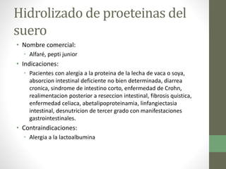 Hidrolizado de proeteinas del
suero
• Nombre comercial:
• Alfaré, pepti junior
• Indicaciones:
• Pacientes con alergia a la proteina de la lecha de vaca o soya,
absorcion intestinal deficiente no bien determinada, diarrea
cronica, sindrome de intestino corto, enfermedad de Crohn,
realimentacion posterior a reseccion intestinal, fibrosis quistica,
enfermedad celiaca, abetalipoproteinamia, linfangiectasia
intestinal, desnutricion de tercer grado con manifestaciones
gastrointestinales.
• Contraindicaciones:
• Alergia a la lactoalbumina
 