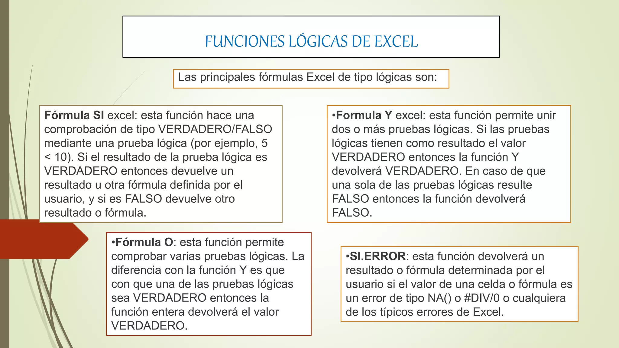 FUNCIONES LÓGICAS DE EXCEL
Las principales fórmulas Excel de tipo lógicas son:
Fórmula SI excel: esta función hace una
comprobación de tipo VERDADERO/FALSO
mediante una prueba lógica (por ejemplo, 5
< 10). Si el resultado de la prueba lógica es
VERDADERO entonces devuelve un
resultado u otra fórmula definida por el
usuario, y si es FALSO devuelve otro
resultado o fórmula.
•Formula Y excel: esta función permite unir
dos o más pruebas lógicas. Si las pruebas
lógicas tienen como resultado el valor
VERDADERO entonces la función Y
devolverá VERDADERO. En caso de que
una sola de las pruebas lógicas resulte
FALSO entonces la función devolverá
FALSO.
•Fórmula O: esta función permite
comprobar varias pruebas lógicas. La
diferencia con la función Y es que
con que una de las pruebas lógicas
sea VERDADERO entonces la
función entera devolverá el valor
VERDADERO.
•SI.ERROR: esta función devolverá un
resultado o fórmula determinada por el
usuario si el valor de una celda o fórmula es
un error de tipo NA() o #DIV/0 o cualquiera
de los típicos errores de Excel.
 