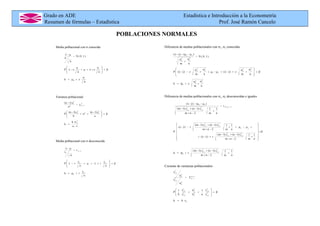 Grado en ADE Estadística e Introducción a la Econometría
Resumen de fórmulas – Estadística Prof. José Ramón Cancelo
POBLACIONES NORMALES
Media poblacional con σ conocida
)
1
,
0
(
N
n
x
_
∼
σ
μ
−
β
=
⎟
⎟
⎠
⎞
⎜
⎜
⎝
⎛ σ
+
<
μ
<
σ
−
n
z
x
n
z
x
P
_
_
n
z
k 0
σ
+
μ
=
Varianza poblacional
2
1
n
2
2
c
s
)
1
n
(
−
χ
∼
σ
−
β
=
⎟
⎟
⎠
⎞
⎜
⎜
⎝
⎛ −
<
σ
<
−
a
s
)
1
n
(
b
s
)
1
n
(
P
2
c
2
2
c
1
n
b
k
2
0
−
σ
=
Media poblacional con σ desconocida
1
n
c
_
t
n
s
x
−
∼
μ
−
β
=
⎟
⎟
⎠
⎞
⎜
⎜
⎝
⎛
+
<
μ
<
−
n
s
t
x
n
s
t
x
P c
_
c
_
n
s
t
k c
0 +
μ
=
Diferencia de medias poblacionales con σx, σy conocidas
)
1
,
0
(
N
n
m
)
(
)
y
x
(
2
y
2
x
y
x
_
_
∼
σ
+
σ
μ
−
μ
−
−
β
=
⎟
⎟
⎠
⎞
⎜
⎜
⎝
⎛ σ
+
σ
+
−
<
μ
−
μ
<
σ
+
σ
−
−
n
m
z
)
y
x
(
n
m
z
)
y
x
(
P
2
y
2
x
_
_
y
x
2
y
2
x
_
_
n
m
z
k
2
y
2
x
0
σ
+
σ
+
φ
=
Diferencia de medias poblacionales con σx, σy desconocidas e iguales
2
n
m
2
y
,
c
2
x
,
c
y
x
_
_
t
n
1
m
1
2
n
m
s
)
1
n
(
s
)
1
m
(
)
(
)
y
x
(
−
+
∼
+
−
+
−
+
−
μ
−
μ
−
−
β
=
⎟
⎟
⎟
⎟
⎟
⎟
⎠
⎞
⎜
⎜
⎜
⎜
⎜
⎜
⎝
⎛
+
−
+
−
+
−
+
−
<
<
μ
−
μ
<
+
−
+
−
+
−
−
−
n
1
m
1
2
n
m
s
)
1
n
(
s
)
1
m
(
t
)
y
x
(
n
1
m
1
2
n
m
s
)
1
n
(
s
)
1
m
(
t
)
y
x
(
P
2
y
,
c
2
x
,
c
_
_
y
x
2
y
,
c
2
x
,
c
_
_
n
1
m
1
2
n
m
s
)
1
n
(
s
)
1
m
(
t
k
2
y
,
c
2
x
,
c
0 +
−
+
−
+
−
+
φ
=
Cociente de varianzas poblacionales
1
m
1
n
2
y
2
y
,
c
2
x
2
x
,
c
F
s
s
−
−
∼
σ
σ
β
=
⎟
⎟
⎠
⎞
⎜
⎜
⎝
⎛
<
σ
σ
< 2
y
,
c
2
x
,
c
2
y
2
x
2
y
,
c
2
x
,
c
s
s
a
1
s
s
b
1
P
0
b
k τ
=
 