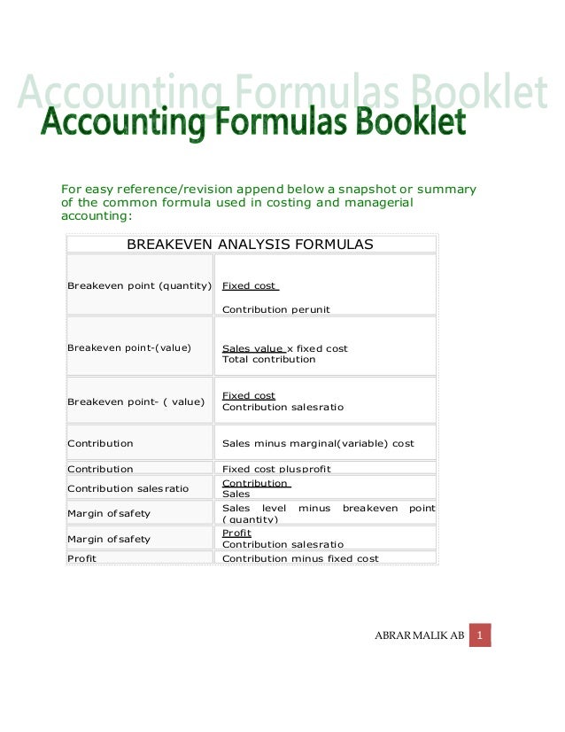 Standard Costing Formula Chart