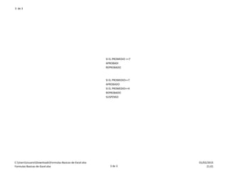 3 de 3
OBSERVACION
SI EL PROMEDIO >=7
APROBADI
REPROBADO
SI EL PROMEDIO>=7
APROBADO
SI EL PROMEDIO<=4
REPROBADO
SUSPENSO
C:UsersUsuarioDownloadsFormulas-Basicas-de-Excel.xlsx
Formulas-Basicas-de-Excel.xlsx 3 de 3
01/02/2015
21:01
 