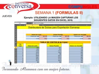 SEMANA 1 (FORMULAS II)
JUEVES
Ejemplo: UTILIZANDO LA IMAGEN CAPTURAR LOS
SIGUIENTES DATOS EN EXCEL 2010.