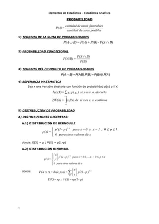 Elementos de Estadística – Estadística Analítica
1
PPRROOBBAABBIILLIIDDAADD
1) TEOREMA DE LA SUMA DE PROBABILIDADES
2) PROBABILIDAD CONDICIONAL
3) TEOREMA DEL PRODUCTO DE PROBABILIDADES
4) ESPERANZA MATEMATICA
Sea x una variable aleatoria con función de probabilidad p(x) o f(x):
5) DISTRIBUCION DE PROBABILIDAD
A) DISTRIBUCIONES DISCRETAS:
A.1) DISTRIBUCION DE BERNOULLI
donde: E(X) = p ; V(X) = p(1-p)
A.2) DISTRIBUCION BINOMIAL
donde:
cantidad de casos favorables
P(A)=
cantidad de casos posibles
P(A B)= P(A)+ P(B)- P(A B)
P(A B)
P(A/B)=
P(B)
)P(B/A).P(A=)P(A/B).P(B=B)P(A
.i i
+
-
1)E(X)= p( ) si x es v. a. discretax x
2)E(X)= x.f(x).dx si x es v. a. continua
x 1-x
(1- p para x = 0 y x = 1 ; 0 p 1p )
p(x)=
0 para otros valores de x
x n-xn
(1- p para x = 0,1,...,n ; 0 p 1p )
p(x)= x
0 para otros valores de x
0
r
x n-xn
P(X r)= Bi(r, p,n)= (1- pp )
x
E(X)= np ; V(X)= np(1- p)
 