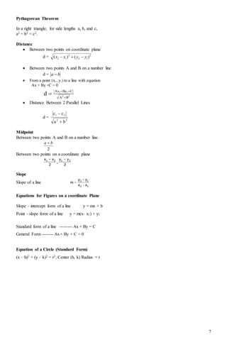 7
Pythagorean Theorem
In a right triangle, for side lengths a, b, and c,
a2 + b2 = c2.
Distance
 Between two points on coordinate plane
d = 2
12
2
12 )()( yyxx 
 Between two points A and B on a number line
d = ba 
 From a point (x1, y1) to a line with equation
Ax + By +C = 0
22
11
BA
CByAx
d



 Distance Between 2 Parallel Lines
d =
22
21
ba
cc


Midpoint
Between two points A and B on a number line
2
ba 
Between two points on a coordinate plane
2
yy
,
2
xx 2121 ++
Slope
Slope of a line
12
12
xx
y-y
m
-
=
Equations for Figures on a coordinate Plane
Slope – intercept form of a line y = mx + b
Point - slope form of a line y = m(x- x1) + y1
Standard form of a line -------- Ax + By = C
General Form ------- Ax+ By + C = 0
Equation of a Circle (Standard Form)
(x – h)2 + (y – k)2 = r2, Center (h, k) Radius = r
 