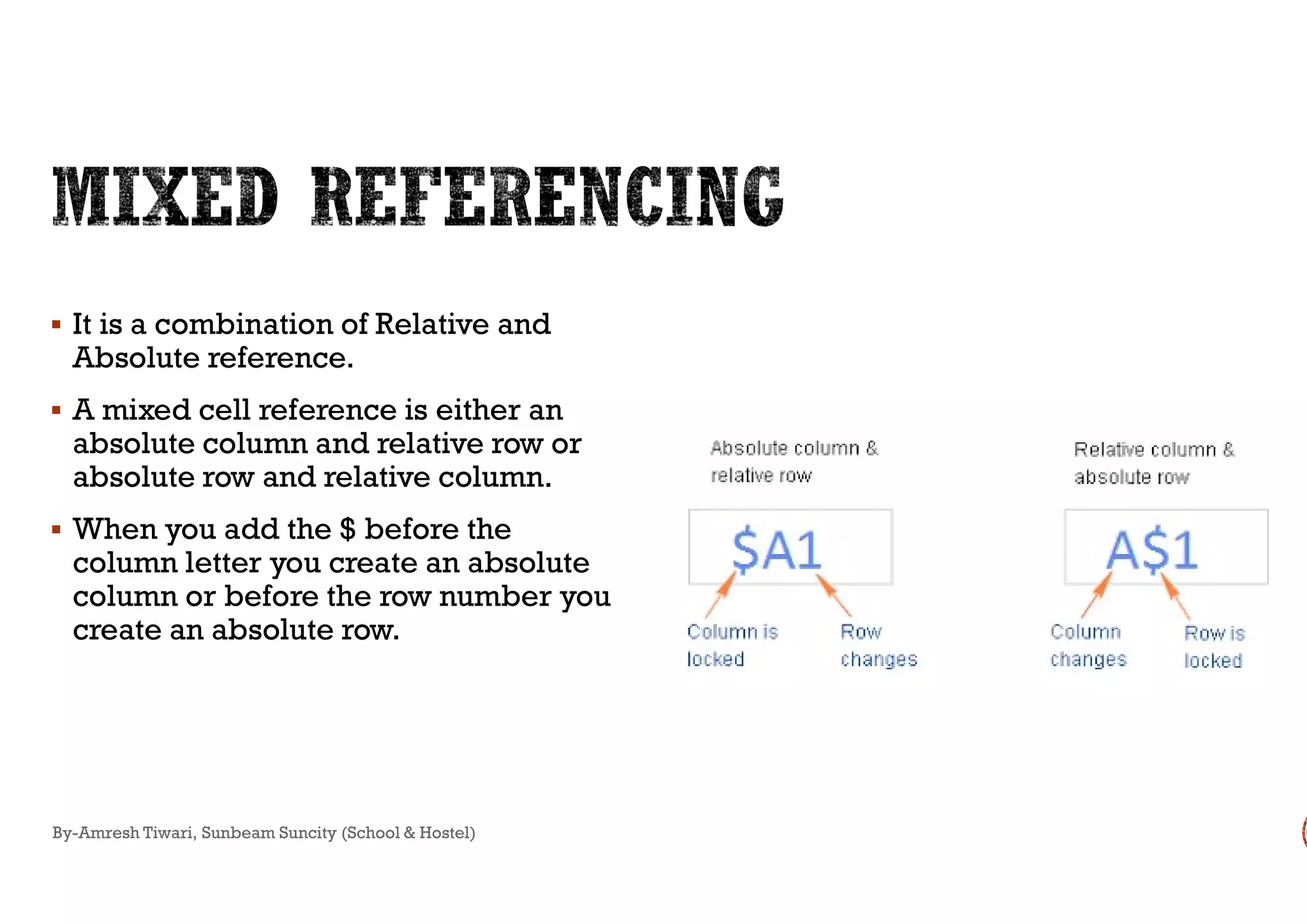  It is a combination of Relative and
Absolute reference.
 A mixed cell reference is either an
absolute column and relative row or
absolute row and relative column.absolute row and relative column.
 When you add the $ before the
column letter you create an absolute
column or before the row number you
create an absolute row.
By-Amresh Tiwari, Sunbeam Suncity (School & Hostel)
 