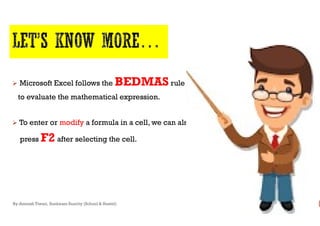  Microsoft Excel follows the BEDMAS
to evaluate the mathematical expression.
 To enter or modify a formula in a cell, we can also
press F2 after selecting the cell.
By-Amresh Tiwari, Sunbeam Suncity (School & Hostel)
BEDMAS rule
to evaluate the mathematical expression.
a formula in a cell, we can also
 