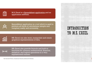 M.S. Excel is a Spreadsheet application and an
application software.
Spreadsheet application is a tool which is used to
perform all kinds of calculations (simple and
complex) easily and accurately.
By-Amresh Tiwari, Sunbeam Suncity (School & Hostel)
MS. Excel can also store, manipulate and create
graphical representations of data.
MS. Excel also provide formula and built-
functions for common mathematical, financial,
statistical, and logical operations in a very
sophisticated manner.
and an
Spreadsheet application is a tool which is used to
perform all kinds of calculations (simple and
MS. Excel can also store, manipulate and create
-in
functions for common mathematical, financial,
statistical, and logical operations in a very
 