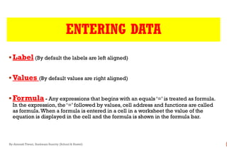 ENTERING DATA
LabelLabel (By default the labels are left aligned)
ValuesValues (By default values are right aligned)ValuesValues (By default values are right aligned)
FormulaFormula - Any expressions that begins with an equals ‘=’ is treated as formula.
In the expression, the ‘=’ followed by values, cell address and functions are called
as formula.When a formula is entered in a cell in a worksheet the value of the
equation is displayed in the cell and the formula is shown in the formula bar.
By-Amresh Tiwari, Sunbeam Suncity (School & Hostel)
ENTERING DATA
(By default the labels are left aligned)
(By default values are right aligned)(By default values are right aligned)
Any expressions that begins with an equals ‘=’ is treated as formula.
In the expression, the ‘=’ followed by values, cell address and functions are called
as formula.When a formula is entered in a cell in a worksheet the value of the
equation is displayed in the cell and the formula is shown in the formula bar.
 