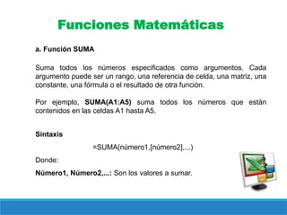 Funciones Matemáticas
a. Función SUMA
Suma todos los números especificados como argumentos. Cada
argumento puede ser un rango, una referencia de celda, una matriz, una
constante, una fórmula o el resultado de otra función.
Por ejemplo, SUMA(A1:A5) suma todos los números que están
contenidos en las celdas A1 hasta A5.
Sintaxis
=SUMA(número1,[número2],...)
Donde:
Número1, Número2,...: Son los valores a sumar.
 