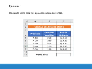 Ejercicio:
Calcula la venta total del siguiente cuadro de ventas.
 
