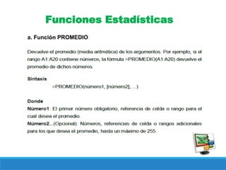 Funciones Estadísticas
a. Función PROMEDIO
 