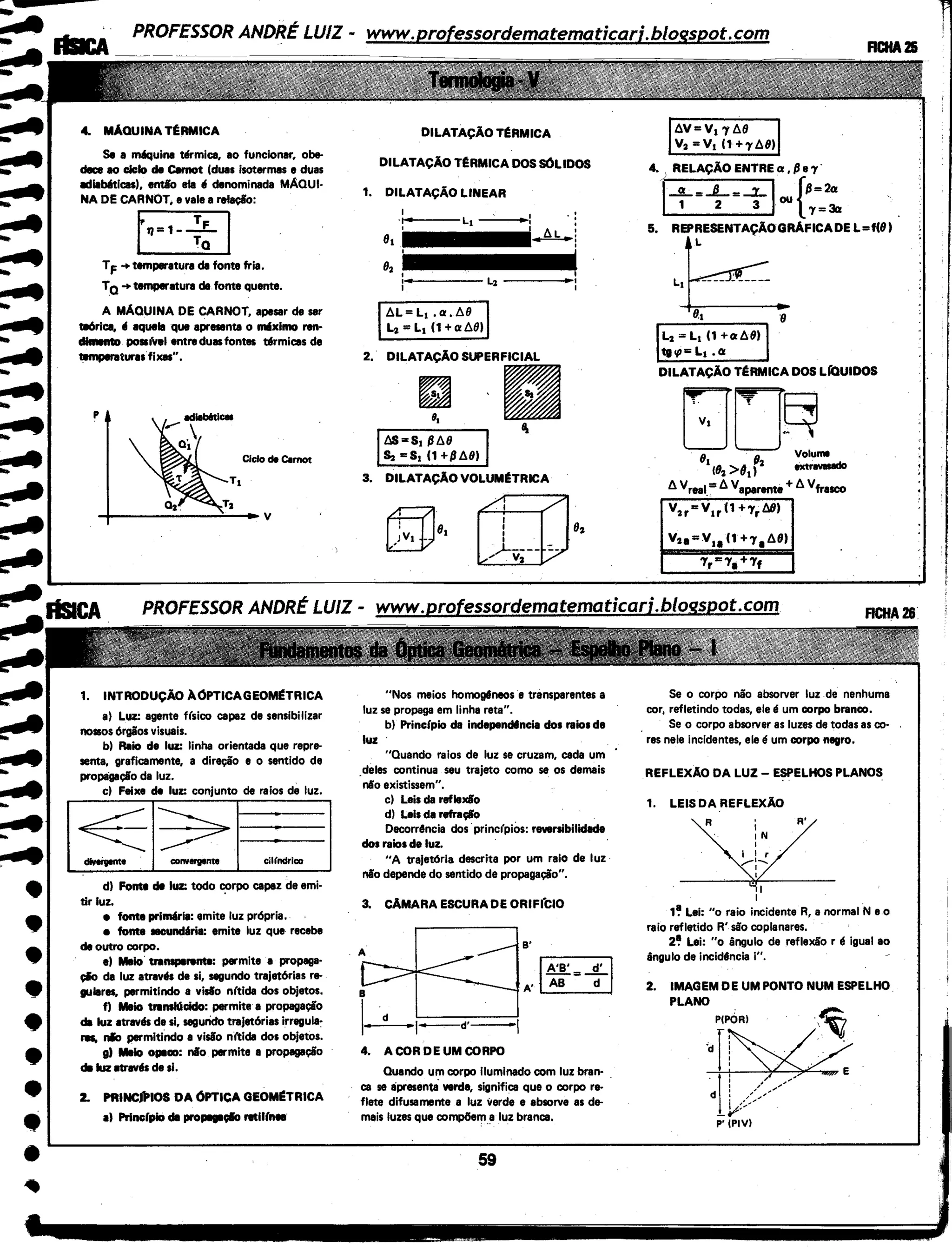 -.........
.........
..........
.....-
...
.......
~
•
••
•
•••
••~
4. MAQUINA T~RMICA
Se a m6quina tdrmica, ao funcionar, obe-
dece ao ciclo de Carnot (duas isotermas e duas
ediabfticas), entlo ele 41 denominada MÁOUI·
NA DE CARNOT, e vale a relaçio:
t~=1
-+a ITF -+temperatura de fonte fria.
Ta-+ temperatura de.fonte quente.
A MAQUINA DE CARNOT, apesar de ser
1116rica, 41 aquela que apresanta o miximo ran·
._...., po•wel entra duasfontes tdrmicas de
temperaturas fixas".
p
Ciclo de Cernot
1. INTRODUÇÃO lOPTICAGEOM~TRICA
a) Luz: agente Hsico capaz de sensibilizar
no~s órgios visuais.
b) Ralo de luz: linha orientada que repre-
senta, graficamente, a diraçio e o sentido de
propagação da luz.
c) Feixe de luz: conjunto de raios de luz.
~-..... :=:>r-·--
cllileivent• convergente cillndrico
di Fonte de luz: todo c_orpo capaz de emi-
tir luz.
e fonte prim6ria: emite luz própria.
• fonte sacundêria: emite luz que recebe
de outro corpo.
e) Meio. transperente: permite e propaga·
çio de luz atrav41s de si, segundo trajetórias re-
gulares, permitindo a visfo n(tide dos objetos.
f) Melo trenshlcido: permite a propagação
da luz atravá de si, segurido trajetórias irreguia:
res, nlo permitiOdo a visio nftide dos objetos.
g) Melo opaco: nio permite a propagação
de luz mav41s de si.
2. PRINCJlalOS DA OPTICA GEOM~TRICA
a) Principio de PfOPIIIIIçfo retiffnea
DILATAÇÃO TéRMICA
DILATAÇÃO TéRMICA DOS SOLIDOS
1. DILATAÇÃO LINEAR
2.
3.
- - - - - - L2 - - - -
L).L=L1 .a.L).9
L2 =L1 (1 +al).9)
DILATAÇÃO SlJ>ERFICIAL
~
-'· Is
M=St {JM
8z =S, (1 +/JMI
DILATAÇÃO VOLUMéTRICA
L§)9I
'
9,
"Nos maios homogt1naos e transparentes a
luz se propaga em linha reta".
b) Princípio da independfncia dos raios de
luz
"Quando raios de luz se cruzam, cada um
_deles continua seu trajeto como se os demais
nio existissem".
c) Leis de reflexio
d) Leis da refraçfo
Decorrência dos· princ(pios: reversibilidade
dos ralos de luz.
"A trajetórla descrita por um raio de luz
nio depende do sentido de propagação".
3. CÃMARA ESCURA DE ORIFfCIO
d
j-d·-1
4. A COR DE UM CORPO
B'
Quando um corpo iluminado com luz bran- .
ca se ipresenti verde, significa que o corpo re-
flete difusamente a luz verde e absorve as de-
mais luzes que compõe'r'_a luz branca.
59
- - -
- -
L).V=V,TM
V2 =V1 (1 +7L).8)
4. , RELAÇÃO ENTRE a , {J e 'Y.
.,. _g_ =L=_-L 1- ou {/J= 2a
. 1 2 3 . 'Y=3a
~ :~-~ADEL•~I
8., '9
L2 = L1 (1 +al).9)
tg.,o= L1 • a
DILATAÇÃO TéRMICA DOS LbUIDOS
[f[JR· 9 · ~ Voluml
1(/12 >6,)2 extr-.do
L). Vreal.= L). Vaparente+ L). Vfrasco
V2 ,=Vtr(1 +7,MI
V2e=V11
(1 +71
L).I1)
Tr='Ya +Tf
Se o corpo não absorver luz de nenhuma
cor, refletindo todas, ele I! um corpo branco.
Se o corpo absorver as luzes de todas as co-
res nele incidentes, ele é um corpo fl&gro.
REFLEXAO DA LUZ - ESPELHOS PLANOS
1. LEIS DA REFLEXÃO
R R'
I
I
1~ Lei: "o raio incidente R, a normal ·N e o
raio refletido R' sio copianares.
2~ Lei: "o ângulo de reflexão r I! igual ao
ângulo de incidllncia i".
'i
 