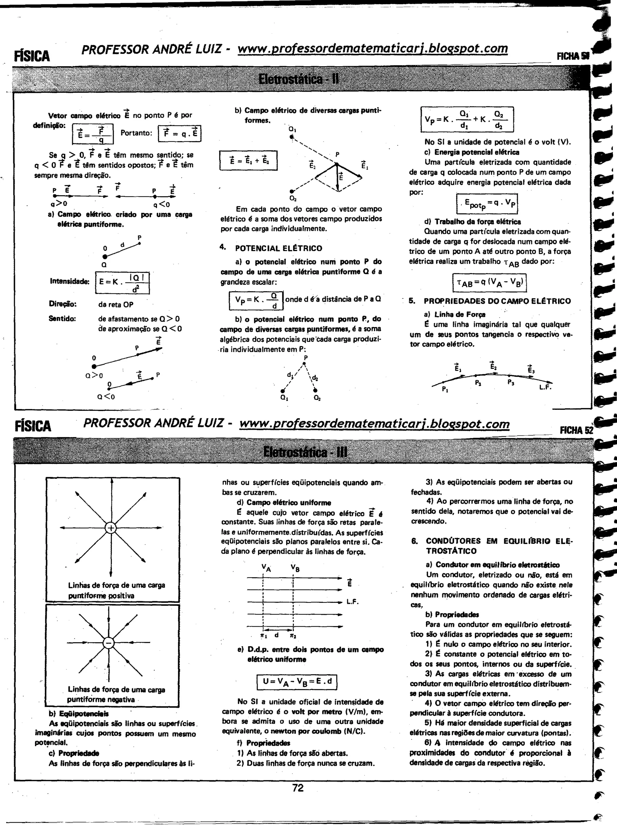 . .....
Vetor campo el6trico E no ponto P é por
definiçio: ~ I · .....
1~ Portanto: F = q. E
..... .....
Se q > O, F e E têm mesmo sentido; se
q < OF e Ê têm sentidos opostos; Fe Ê têm
sempre mesma direção.
P i ....F 1 p 4____.._~E
a) Campo elétrico. criado por uma carga
elétrica puntiforme.
p
~a
Intensidade: IE = .K • ~
Diraçio: da reta OP
Sentido: de afastamento se Q> O
ae aproximaçio se Q <o
....
~-
o>o~P
o<o
Lintías de força de uma carga
puntifoFI'IÍI positiva
Linhas de força de uma carga
puntifarrne negativa
b) Eqüipotencieis
As aqüipotenciais sio linhas ou superf(cies.
imaginárias cujos pontos possuem um mesmo
po~ncial.
c) Propriedade
As linhas de força sio perpendiculares às li-
b) Campo elétrico de diversas cargas punti·
formes.
'a,
~....
. ' ....,,
' , p
e,<!>'... e,, '. E ""'........ ............ ,,-
...., ...... ,.
E= E,+ E.
o,
Em cada ponto do campo o vetor campo
elétrico é a soma dos vetores campo produzidos
por cada carga individualmente.
4. POTENCIAL EL~TRICO
a) o potencial elétrico nuní ponto P do
campo de uma carga elétrica puntiforme Q é a
grandeza escalar:
IVp= K ·.lJ-Ionded t-á distância de P aO
b) o potencial elétrico num ponto P., do
campo de diversas cargas puntiformes, é asoma
algébrica dos potenciais que'cada carga produzi-
.ria individualmente em P:
p
)'!
, 
~~/ dz
•' -.o, o,
nhas ou s~:~perffcies eqüípotenciais quando am-
bas se cruzarem.
d) Campo elétrico uniforme
E: aquele cujo vetor campo elétrico Eé
constante. Suas linhas de força sio retas parale-
las e uniformemente.distribu(das. As superf(cies
eqOipotenciais são planos paralelos entre si. Ca-
da plano é perpendicular às linhas de força.
VA Vs
e--~----~---------
--t---.:----- L.F.
. .
L.______.i
e) D.d.p. entre dois pontos de um campo
elétrico uniforme
No SI a unidade oficial de inten$idade de
campo elétrico é o volt por metro CV/m), em-
bora se admita o uso de uma outra unidade
equivalente, o newton por coulomb CN/C).
f) Propriedades
1JAs linhas de força sio abertas.
2) Duas linhas de força nunca se cruzam.
72
!,
RCHA.
No SI a unidade de potencial é o volt !V).
c) Energia potencial el6trica
Uma partfcula eletrizada com quantidade
de carga q cólocada num ponto Pde um campo
elétrico adquire energia potencial elétrica dada
por:
di Trabalho da força al6trica
Quando uma partícula eletrizada com quan-
tidade de carga q for deslocada num campo elé-
trico de um ponto A até outro ponto B, a força
elétrica realiza um trabalho TAB dado por:
ITAs=q!VA-Valj
. 5. PROPRIEDADES DO CAMPO EL~TRICO
a) Linha de Força
~ uma linha imaginária tal que qualquer
um de seus pontos tangencia o respectivO ve-
tor campo elétrlco•
3) As eqüípotenciais podem ser abertas ou
fechadas.
4) Ao percorrermos urna linha de força, no
sentido dela, notaremos que o potencial vai de-
crescendo.
6. COND(JTORES EM EQUIL(BRIO ELE-
TROSTATICO
a) Condutor em equilfbrio eletrostático
Um condutor, eletrizado ou não, está em
equilfbrio eletrostático quando não existe nele
nenhum movimento ordenado de cargas elétri-
cas,
b) Propriedades
Para um condutor em equiltbrio eletrostá-
tic:o são válidas as propriedades que se seguem:
1) enulo o campo elétrico no seu interior.
2) econstante o potencial elétric:o em to-
dos os seus pontos, internos ou da superffcie•.
3) As cargas elétricas em ·excesso de um
condutor em equihbrio eletrostático distribuem-
se pela sua superf(cie externa.
4) O vetor campO elétríco tem direção per-
pendicular à superf(cia condutora.
5) Há meíor densidade superficial de cargas
elétricas nasregiõesdemaior curvatura (pontas).
6) 4 intensidade do campo elétric:o nas
proximidades do condutor é proporcional à
densidade de cargasda respectiva régião.
J
•
•••,.,
====================================~~~~~--~--~~~---~
 