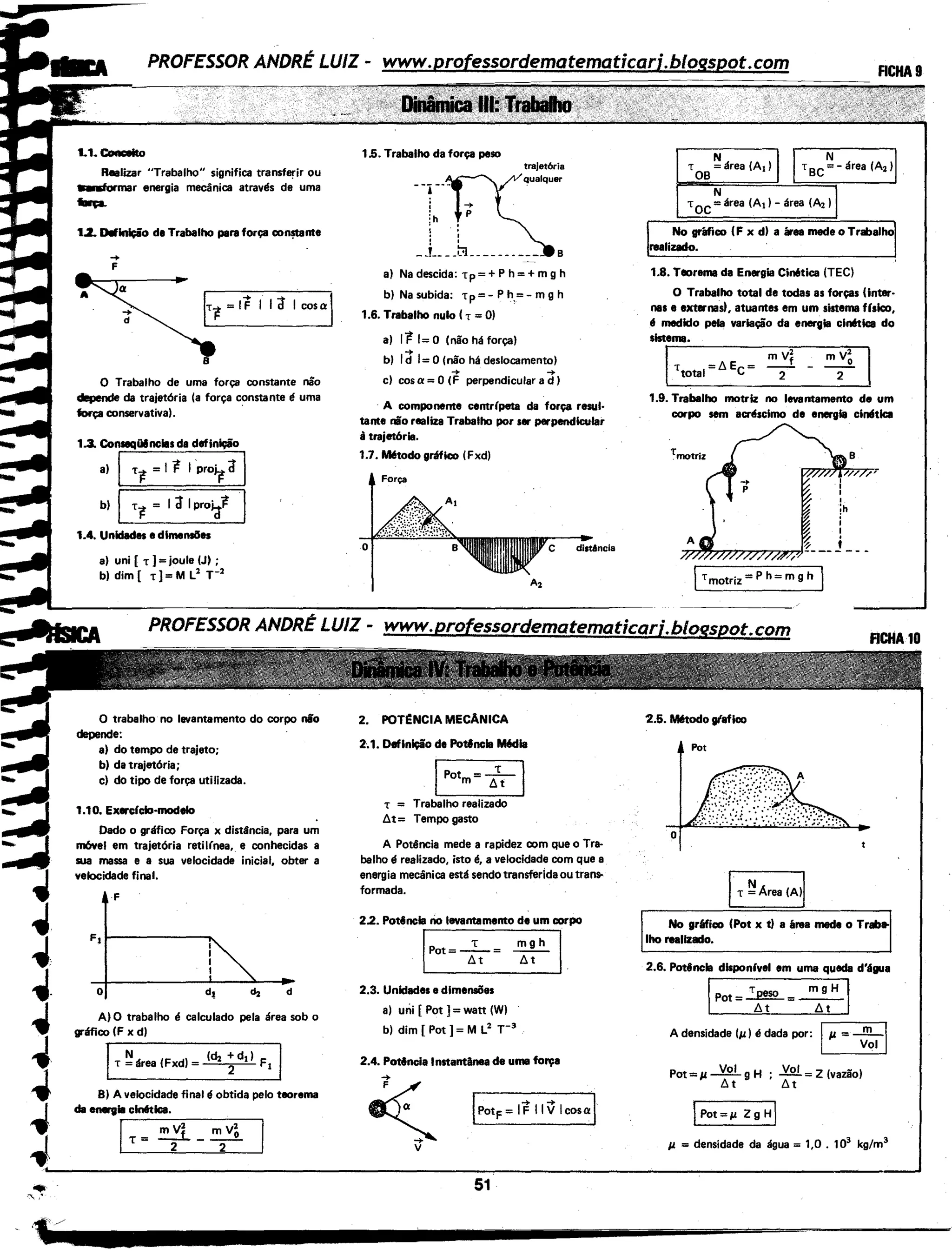 1.1. Coftceito
Realizar "Trabalho" significa transferir ou
-.formar energia mecânica através de uma
llrp.
1.2. Dlflnlçio de Trabalho para força con~nte
-+
F
B
I COSQ I
O Trabalho de uma força constante não
depende da trajetória (a força constante é uma
força conservativa).
1.3. Conseqülncils da definição
a) ITF = I F I .pro~d I
b) ITF = I d Iproia"F I
1.4. Unidades a dlmansGas
a) uni [ T ] =joule (J) ;
b) dim ( T) = M L2
r 2
O trabalho no levantamento do corpo nio
depende:
a) do tempo de trajeto;
b) da trajetória;
c) do tipo de força utilizada.
1.10. Ex«cfclo·modalo
Dado o gráfico Força x distância, para um
m6veJ em trajetória retil(nea•. e conhecidas a
sua massa e a sua velocidade inicial, obter a
velocidade final.
F
d
A) O trabalho é calculado pela área sob o
gráfico (F x d)
T ~área (Fxd) = (~ + d,) F
2 I
B) A velocidade final é obtida pelo teorema
da energia cinética.
IT=~-~
1.5. Trabalho da força peso
'. .__L __SJ __________ B
a) Nadescida: Tp=+Ph=+mgh
b) Nasubida: Tp=-Ph,=-mgh
1.6. Trabalho nulo h= O)
a) IF I= O (não há força)
b) ld I= O(não há deslocamento)
..... .....
c) cosa= O(F perpendicular a d )
· A componente cantrfpeta da força resul-
tante não realiza Trabalho por ser pwpandlcular
à trajat6rla.
1.7. M6todo gráfico (Fxd)
Força
2. POTeNCIA MECÂNICA
2.1. Deflnlçio da Potfncla M6clla
IPotm=-it I
T = Trabalho realizado
6t= Tempo gasto
C distJ!ncia
A Potência mede a rapidez com que o Tra.
balho é realizado, isto é, a velocidade com que a
energia mecânica está sendo transferida ou trans-
formada.
2.2. Potincla rio levantamento da um corpo
IPot=-it= ~I
2.3. Unidades a dimensões
a) uni ( Pot ] =watt (W)
b) dim [ Pot] = M L2
r 3
2.4. Potfncia Instantânea da uma fo.,:a
~v
51
N
T =área (A1 )
OB
N
TOC =área (A1 ) - área .~~ )
No gráfico (F x d) a área made o Trabalho
realizado.
1.8. Teorema da Energia Cin6tica (TEC)
O Trabalho total de todas as forças (Inter-
nas a externas). atuantes em um sistema ffslco,
I! medido pala variação da energlil cln6tica do
sistema.
I mV
2
mV
2
ITtotal=t.Ec= ~ - T
1.9. Trabalho motriz no levantamento de um
corpo sem acrl!sclmo de energia clnl!tlca
Tmotriz
2.5. M6todo gfaflco
No grllfico (Pot x t) a área mada o Traba.
lho realizado.
2.6. Potfncla dlsponfval em uma queda d'água
I Tpeso mgH IPot= =---
t.t t.t
A densidade 1~-t) I! dada por: .--,-1-1-=-.--v-:-,...,1
Pot=~-t ~ g H ; Vol = Z (vazão)
t.t t.t
IPot=~t Zg Hj
ll = densidade da água = 1,0 . 103
kg/m3
 